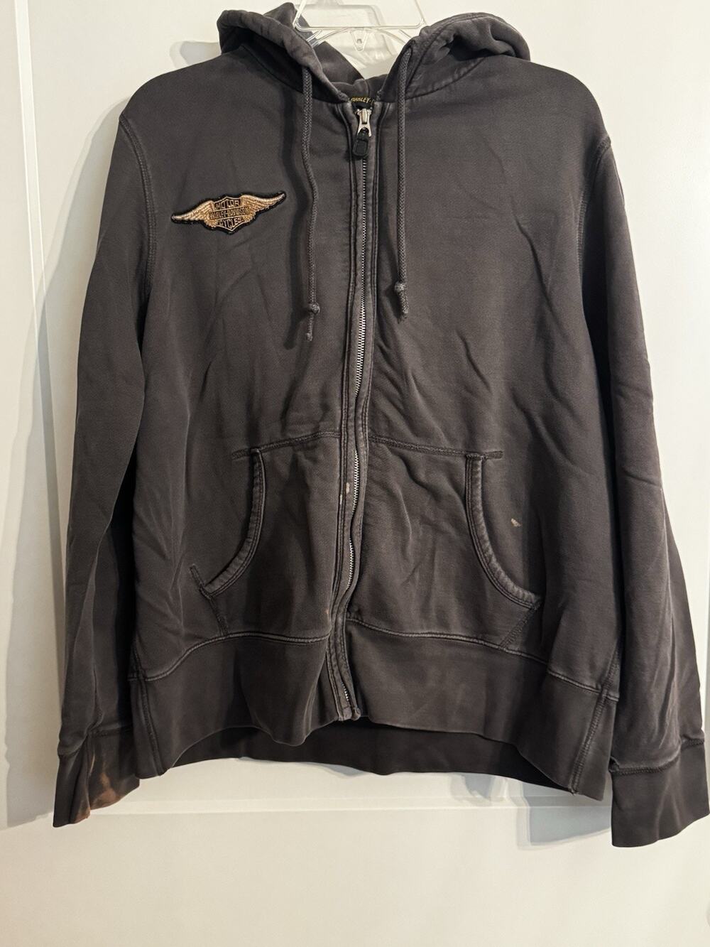 Harley Davidson Gray Hood Zip Front Hoodie Gray Sz 1X Worn Thrashed Biker